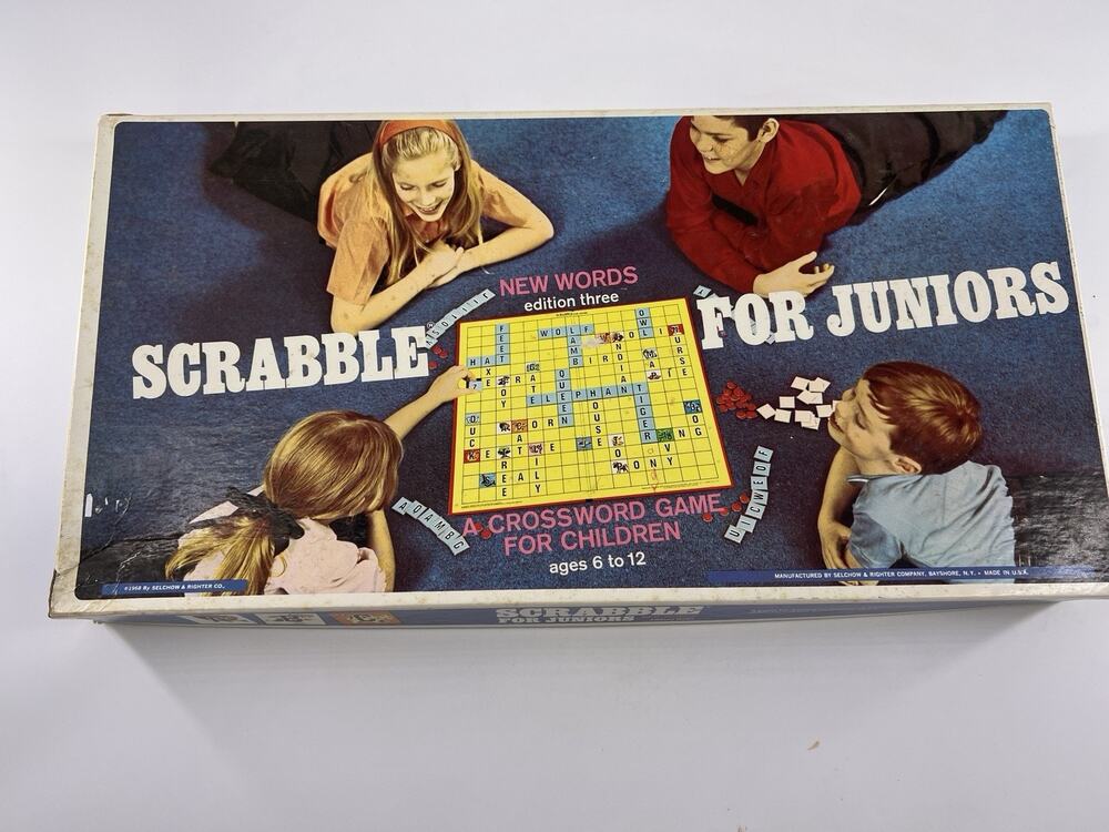 Vintage Scrabble For Juniors Crossword Game 1968 COMPLETE New Words 2 Sided